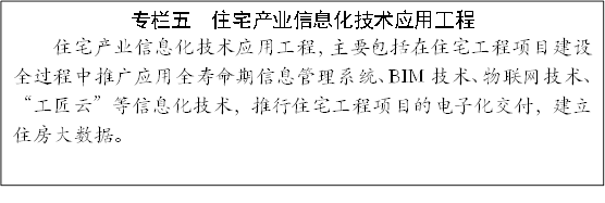專欄五 住宅產(chǎn)業(yè)信息化技術(shù)應(yīng)用工程
住宅產(chǎn)業(yè)信息化技術(shù)應(yīng)用工程,主要包括在住宅工程項(xiàng)目建設(shè)全過程中推廣應(yīng)用全壽命期信息管理系統(tǒng)、BIM技術(shù)、物聯(lián)網(wǎng)技術(shù)、“工匠云”等信息化技術(shù),推行住宅工程項(xiàng)目的電子化交付,建立住房大數(shù)據(jù)。